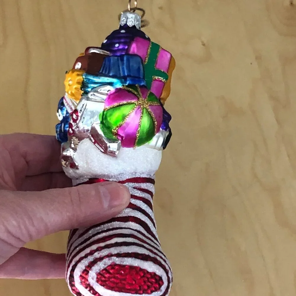 Vintage Christopher Radko Stocking with Presents Glass Ornament Plane Teddy Car